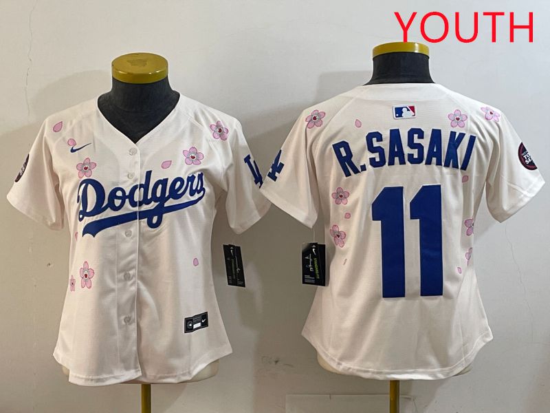 Youth Los Angeles Dodgers #11 R.Sasaki Cream Sakura Edition 2025 Nike MLB Jersey style 1